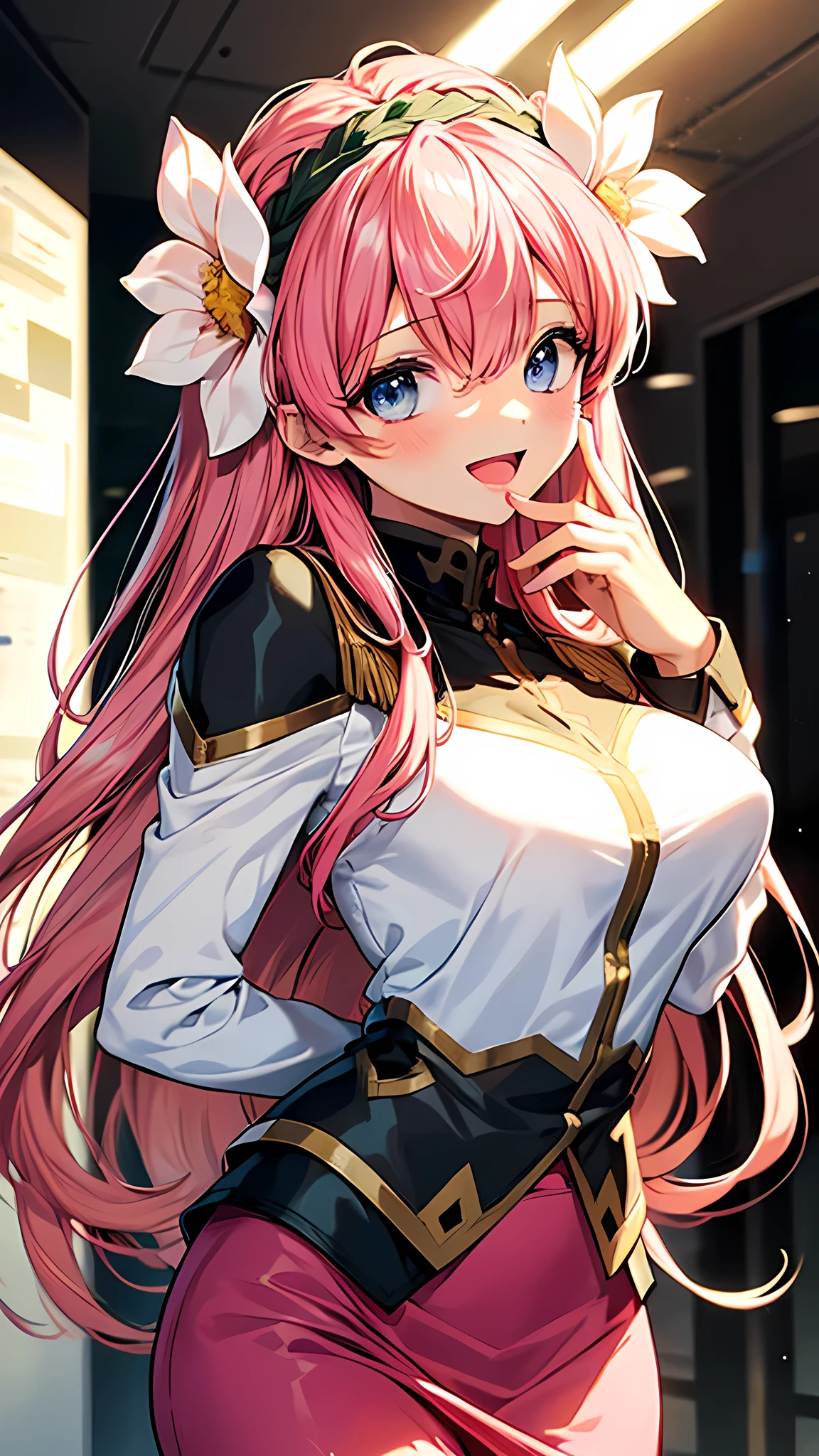 contrapposto,1girl, ga_milfeulle, military uniform, pencil skirt, hair flower, hairband, pink hair, long hair, blue eyes, long sleeves, looking at viewer, smile, open mouth,slender,masterpiece,Noise Reduction,perfect anatomy,high resolution, ultra-detailed,game cg,dutch angle ,beautiful detailed eyes,visualart,five fingers, perfect hands, perfect lighting,