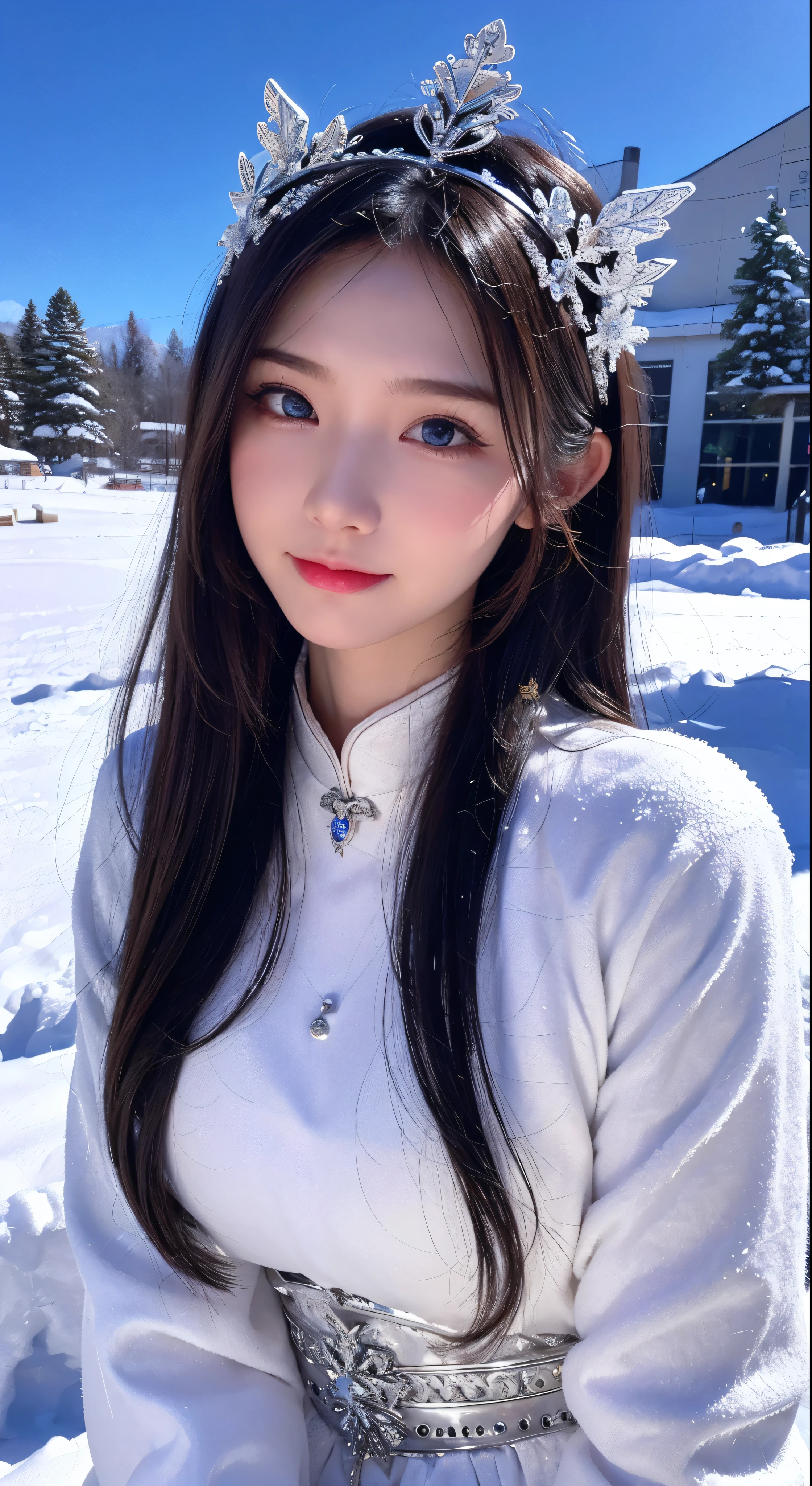 Best texture, high quality, ultra HD, 8K, full body photo, panoramic picture, snow, flying snowflakes, dancing in the snow, girl, full of Miao silver jewelry, Miao clothing, silver phoenix crown, melon seed face, ultra-detailed face, blue eyes, long eyebrows, fair skin, silver long hair, flowing long hair, rising with the wind, snowflake colorful gifts, realistic, very detailed, high detail, ultra-clear,