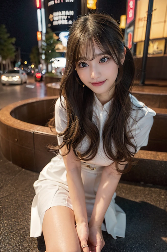 (8K壁紙),(８K),(Highest quality)、(Ultra-high resolution)、(RAW Photos、Cinema Lighting、high resolution、masterpiece),Professional photos,(Realistic, Photorealism),(high resolutionCG統合8K壁紙, Physically Based Rendering),Photorealistic,Beautiful perfectly detailed face,Beautiful perfectly detailed eyes,Beautiful perfectly detailed nose,Beautiful perfectly detailed mouth,Beautifully and perfectly detailed hand,Perfectly detailed fingertips,Beautiful detailed feet,Japanese , 18 year old Japanese girl,Outdoor,Beautiful beautiful thighs, Beautiful detailed hairstyle,(ponytail),Cute Japanese Idols,Perfect Face,Super detailed face,Attention to detail,double eyelid,summer,Night Sky,Tokyo at Night,Angle from the front,A happy smile,Standing posture,Slim figure,Holding a cell phone on the sidewalk,Holding a Louis Vuitton bag,(Tight dress),town,street,looking at the camera,I can see your thighs,