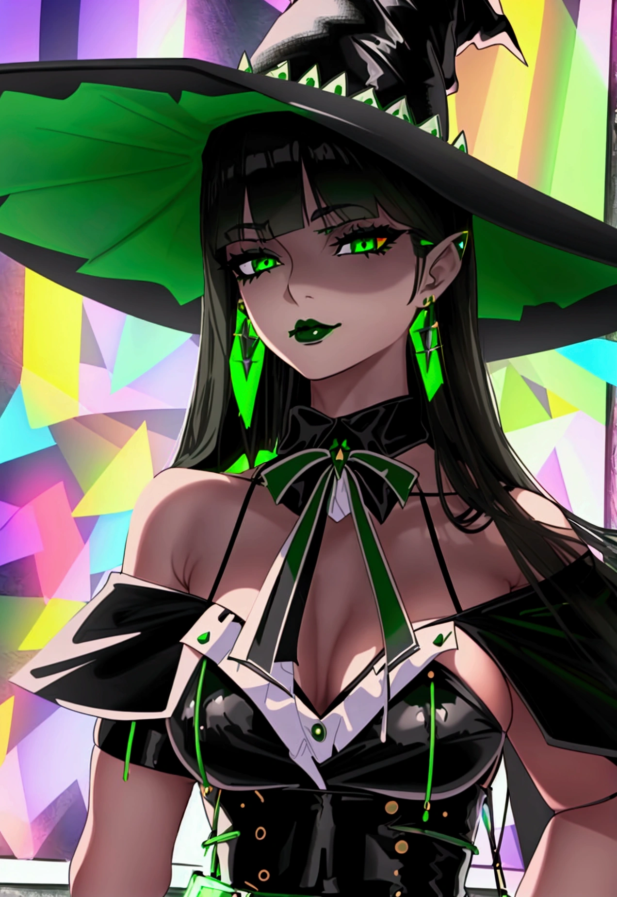 Witch , cute young face, emerald green eyes, long black hair with straight bangs, voluptuous ass, dark lipstick, outfit(black high-waisted a-line mini skirt with emerald green line running across just above hem of skirt; cropped black little cape with green line across hem of cape; black witch hat with green line on brim of hat; black stockings with green line; white tucked in buttoned blouse; black Maryjane high heels) haughty expression with hands on hips