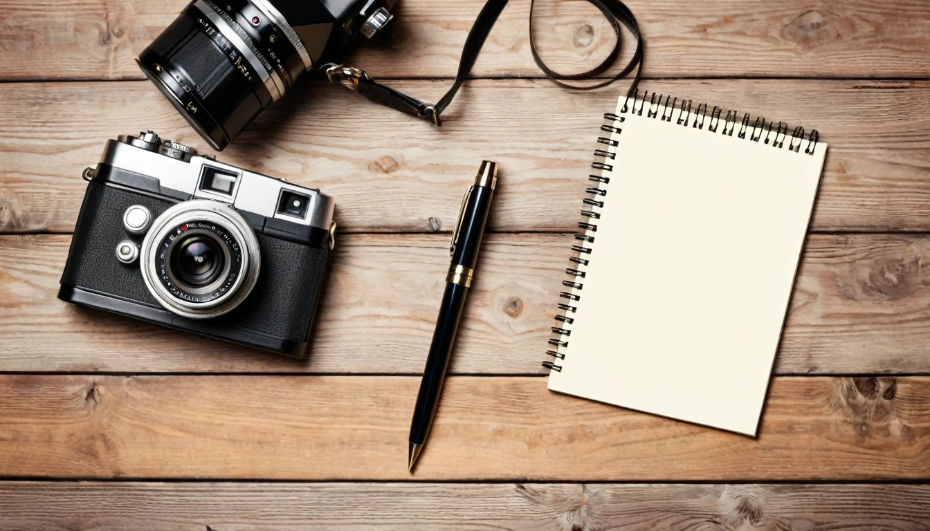 Notepad for notes and pen, retro or vintage camera on a wooden background or desktop, top view. The Subjects Of The Work Of A Businessman, Photographer, Reporter or Journalist, In The Workplace. The Concept of Technology. Copy space.