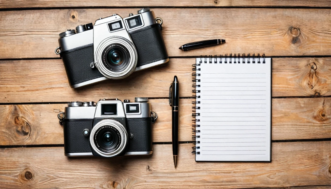 Notepad for notes and pen, retro or vintage camera on a wooden background or desktop, top view. The Subjects Of The Work Of A Businessman, Photographer, Reporter or Journalist, In The Workplace. The Concept of Technology. Copy space.
