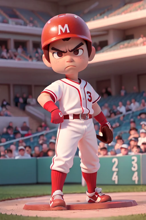 １male, alone, Ultra-high resolution,chibi, Frowning, Narrow eyes, Brown Hair, Brow wrinkles, muscle, Dynamic, baseball player, (野court), uniform, bat, Gloves, Helmet, baseball belt, During the game, Batter Box, Stance, court, audience, illumination, Tension, A look of determination, Powerful