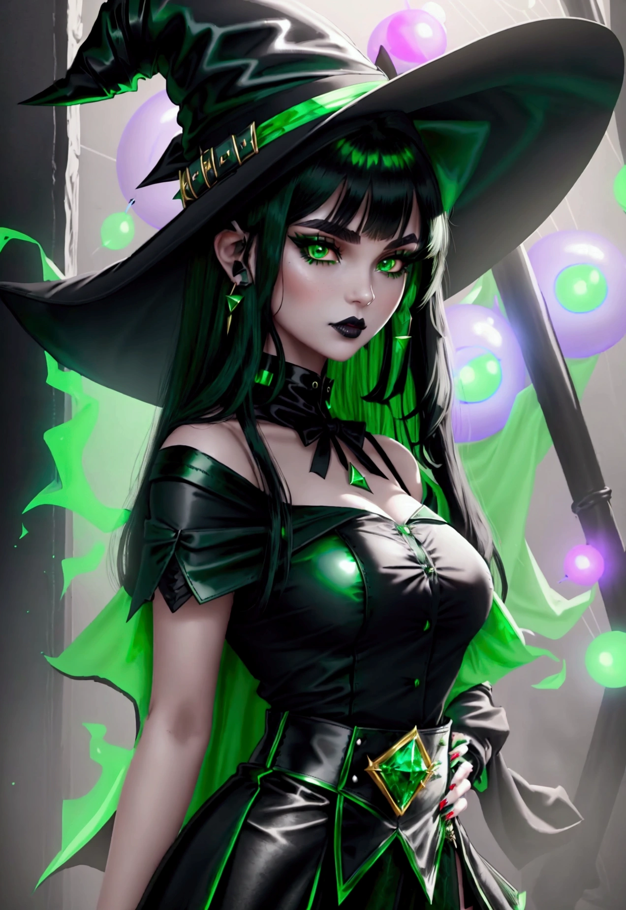 Witch teen, cute young face, emerald green eyes, long black hair with straight bangs, voluptuous ass, dark lipstick, outfit(black high-waisted a-line mini skirt with emerald green line running across just above hem of skirt; cropped black little cape with green line across hem of cape; black witch hat with green line on brim of hat; black stockings with green line; white tucked in buttoned blouse; black Maryjane high heels) haughty expression with hands on hips