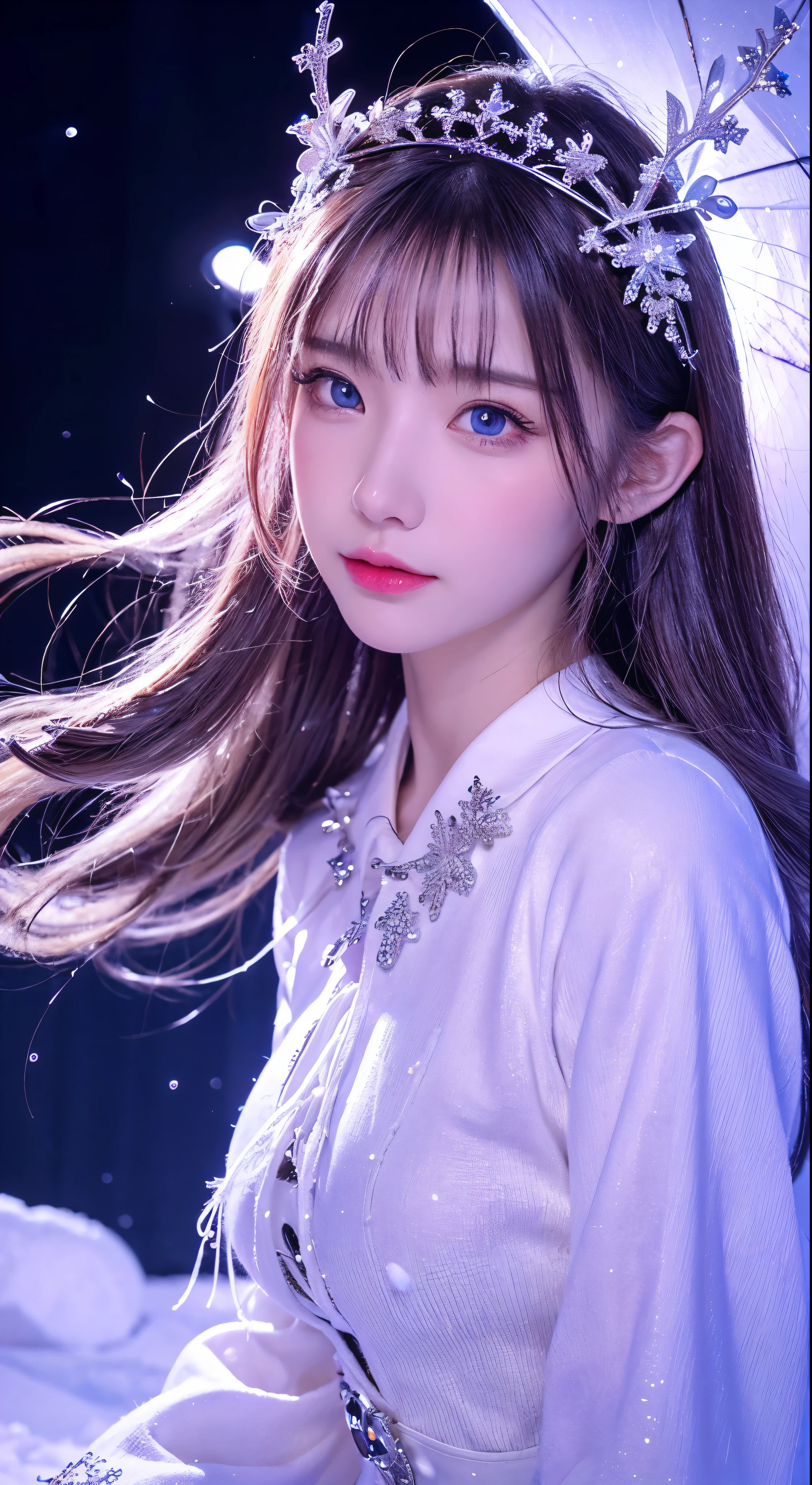 Best texture, high quality, ultra HD, 8K, full body photo, panoramic picture, snow, flying snowflakes, dancing in the snow, girl, full of Miao silver jewelry, Miao clothing, silver phoenix crown, melon seed face, ultra-detailed face, blue eyes, long eyebrows, fair skin, silver long hair, flowing long hair, rising with the wind, snowflake colorful gifts, realistic, very detailed, high detail, ultra-clear,