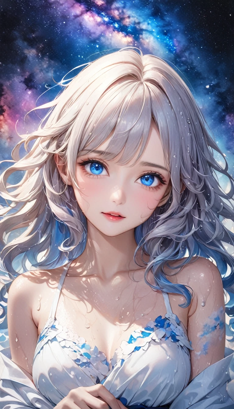 beautiful princess, white messy wavy hair, attractive and seductive expression, great Proportions, blue eyes, milky way, galaxy, 2.5D, delicate and dynamic, fusion of watercolors and oil paintings, fusion of paper cutting and shadow puppetry, magic of vivid color shades and contrasts, gradation, wet in wet, water splash, foggy filter effect, Japanese paper quality, abstract part