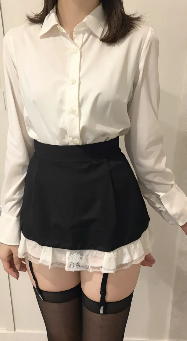 Best image quality、8K、Cafe店員、She lifts her skirt to show her panties、(Sheer lace white panties)((Collared shirt、Skirt))、Black Stockings、Beautiful feet、Slender、Japanese women、Provocative smile、high resolution、Cafe、short hair、23 years old、Big eyes、Kamimei、Cafe店員、((Slender女の子))(Slender and beautiful legs)(Highly detailed face)(Wearing an apron)(Black Pantyhose)(Bent knees)