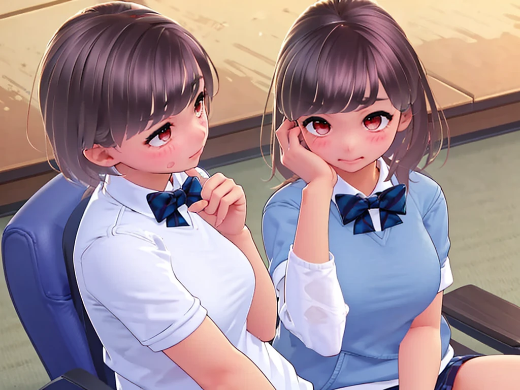 Because my stomach hurts、Put your hand on your stomach、Sit down、Blushing、A female student with a slightly painful expression