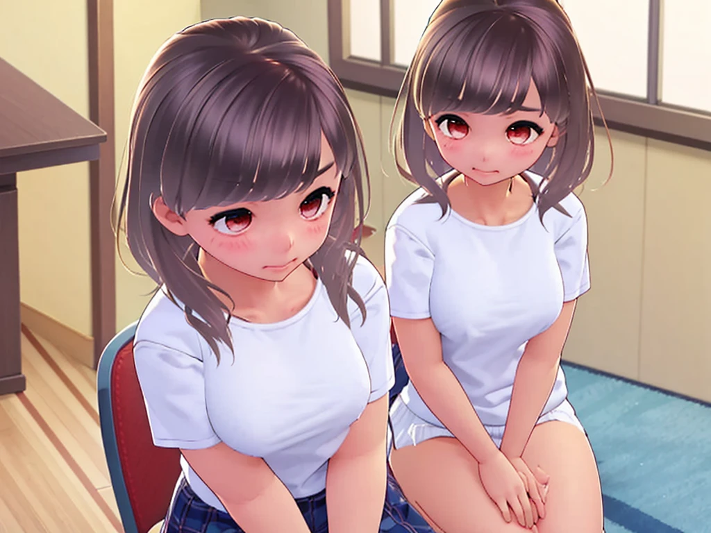 Because my stomach hurts、Put your hand on your stomach、Sit down、Blushing、A female student with a slightly painful expression