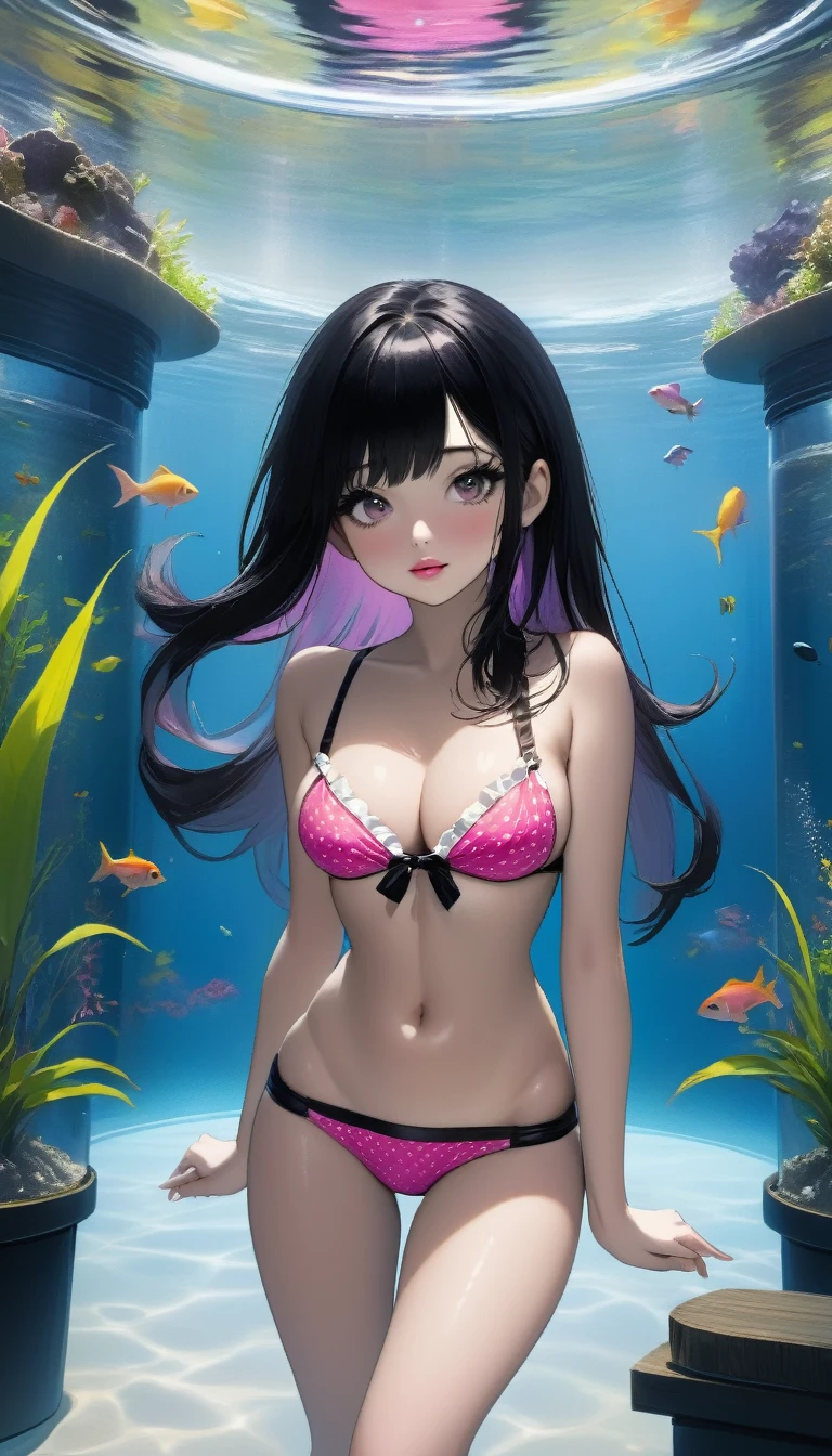 {{{{{16k, Camera angles close to face and tits}}}}}, {{{{{Her body and sex appeal are at their peak and she exudes an overwhelmingly seductive aura She kneels with her eyes upward drooling from the tip of her slender tongue and sticking out her tongue lovingly and skillfully caressing the penis in front of her, transforming a Japanese girl into her facial rank to the SSS rank of top-notch pretty actresses, She's in a cylindrical aquarium filled with female hormone fluid with a control panel that allows her to change the shape and appearance and personality of the girl inside at will, When the control panel under the aquarium was adjusted to a sexy beautiful big-breasted with tight cleavage slender underbusted personality girl her appearance changed to a cutely slut and gentle look, after being locked in a aquarium for four years and injected daily with beauty-enhancing hormones she grew into a girl that she had an lewd fetish for lips and necks and waistlines, The lush growing tits and waistline of a 16 year old ripen quickly when the control panel is moved to a 20 year old and we see her in her prime as a woman, her clearer nip line from underbust to hips, Her too-beautiful rounded tits wrapped in her separates frills pastel colored bikini, Her hair is replaced by a bang long glossy very Straight black hair, The growing body is reproduced with sex-loving, thick vivid lips, She transforms her into a cute once-in-a-millennium}}}}},{{Extremely detailed}},{{{{{integrated her head small, Enchanting Too thick and erotic deep pink lips, Her thickened lips shimmer with luster}}}}}