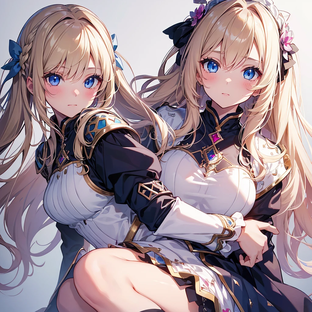 finely detailed beautiful girl, detailed 16k best quality, shiny hair, ultra-detailed beautiful shiny highlight clear eyes focus, simple white background, A girl in pink armor、Blushing、Blonde、Twin tails、Blue Eyes、