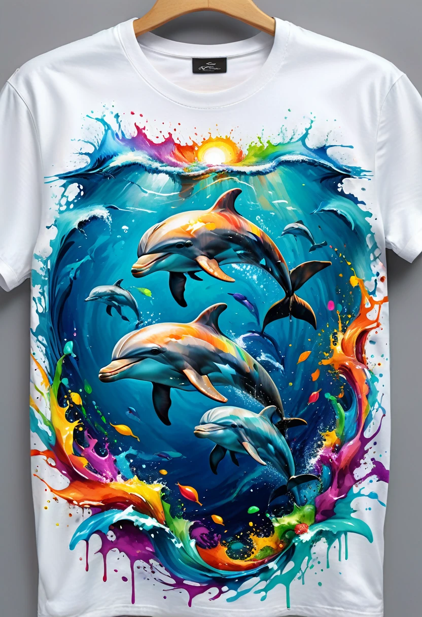 A t-shirt with a colorful illustration of dolphins in the middle of the sea, At the center, swirly vibrant colors, paint splashes and smears, ultra details, 32K Quality,Remove background image (work of art, best qualityer, proffesional, perfect composition, very aesthetic, absurdrez, super verbose, details Intricate:1.3)