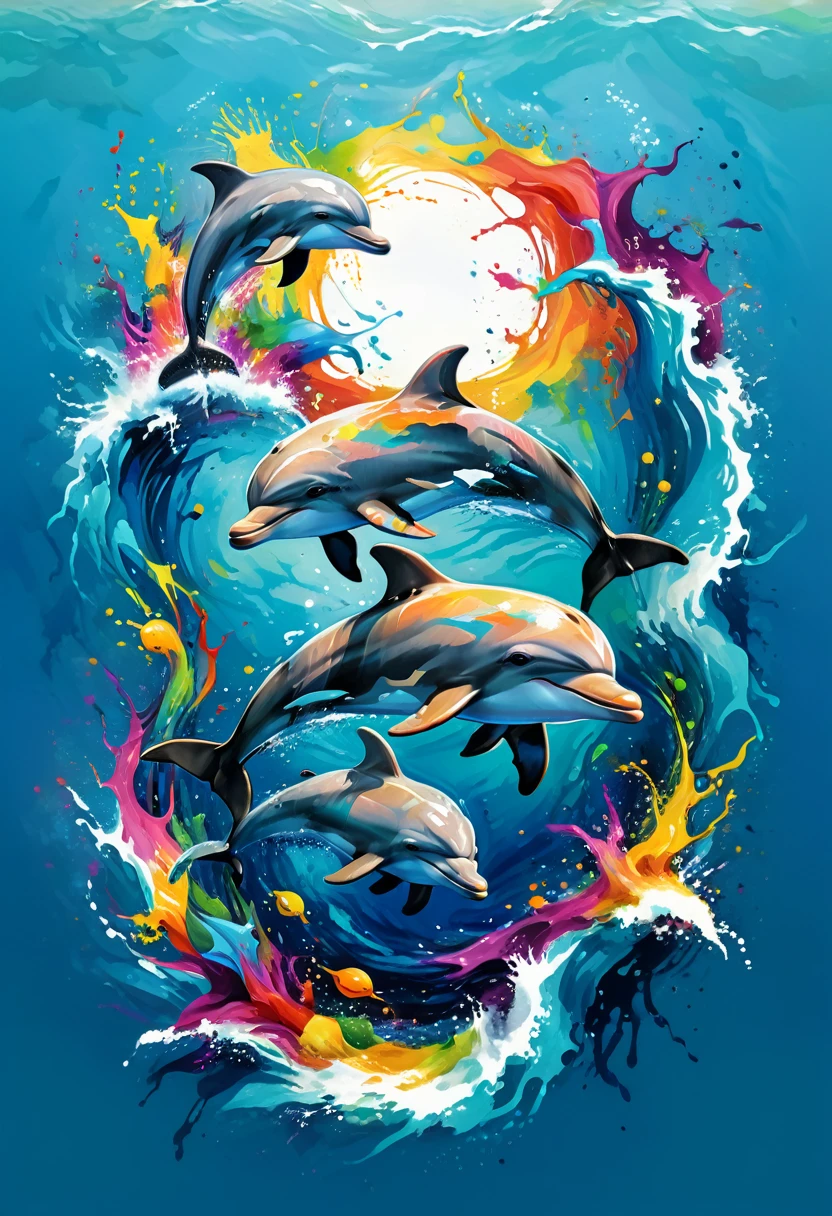 A t-shirt with a colorful illustration of dolphins in the middle of the sea, At the center, swirly vibrant colors, paint splashes and smears, ultra details, 32K Quality,Remove background image (work of art, best qualityer, proffesional, perfect composition, very aesthetic, absurdrez, super verbose, details Intricate:1.3)