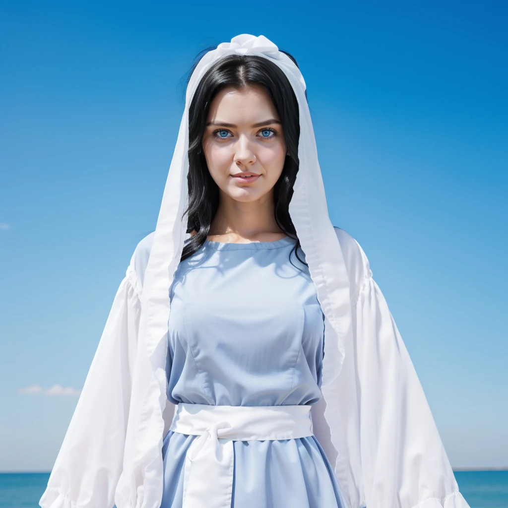 young woman, 25 years old, blue eyes, Curly black hair , serene face, gray dress with wide, long sleeves adjusted at the waist by an intertwined white sash.