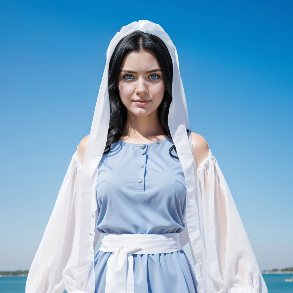young woman, 25 years old, blue eyes, Curly black hair , serene face, gray dress with wide, long sleeves adjusted at the waist by an intertwined white sash.