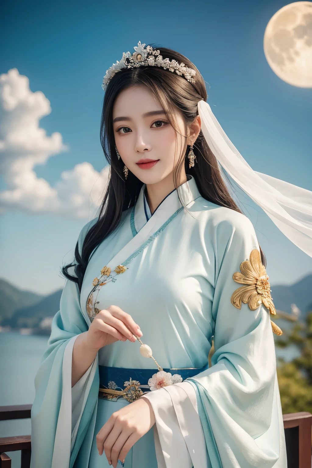 a beautiful woman in a colorful dress with a moon in the background, palace, godness, a girl in hanfu, happy smile, wearing ancient chinese clothes, ethereal beauty, inspired by Qiu Ying, white hanfu, inspired by Lan Ying, a beautiful fantasy empress, lunar goddess, a beautiful fantasy empress, ancient chinese princess, inspired by Luo Mu, masterpiece, UHD, 48K.