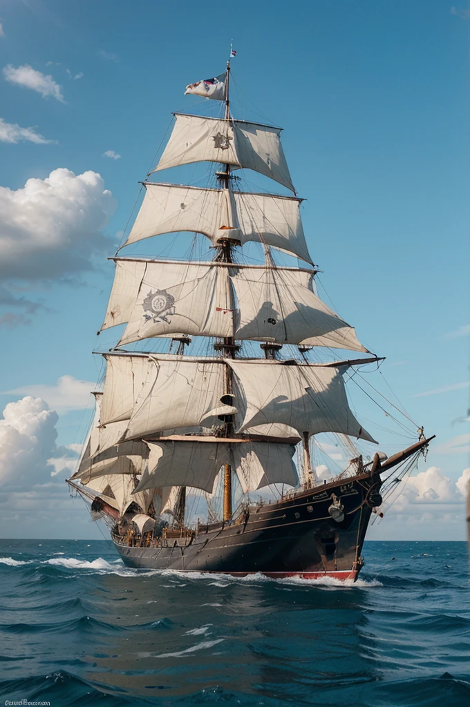 a drawing of a ship, that sails in the ocean, with a flag on top, Sailing ship, old Pirate Ship, gothic ship on the ocean, on a Pirate Ship background, Ships with sails, Highly detailed ink illustration, Ship at sea, Sailboat on the background, Pirate Ship, Galleon, Tattoo sketch of a sea, very detailed illustration, HD image, old wooden ship