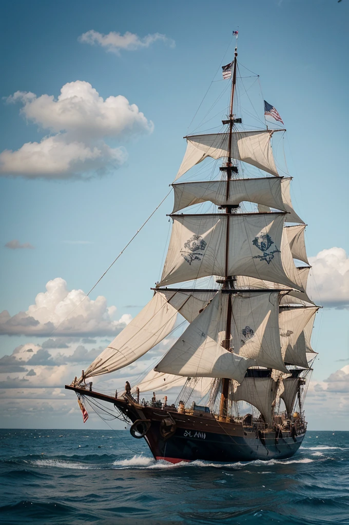 a drawing of a ship, that sails in the ocean, with a flag on top, Sailing ship, old Pirate Ship, gothic ship on the ocean, on a Pirate Ship background, Ships with sails, Highly detailed ink illustration, Ship at sea, Sailboat on the background, Pirate Ship, Galleon, Tattoo sketch of a sea, very detailed illustration, HD image, old wooden ship
