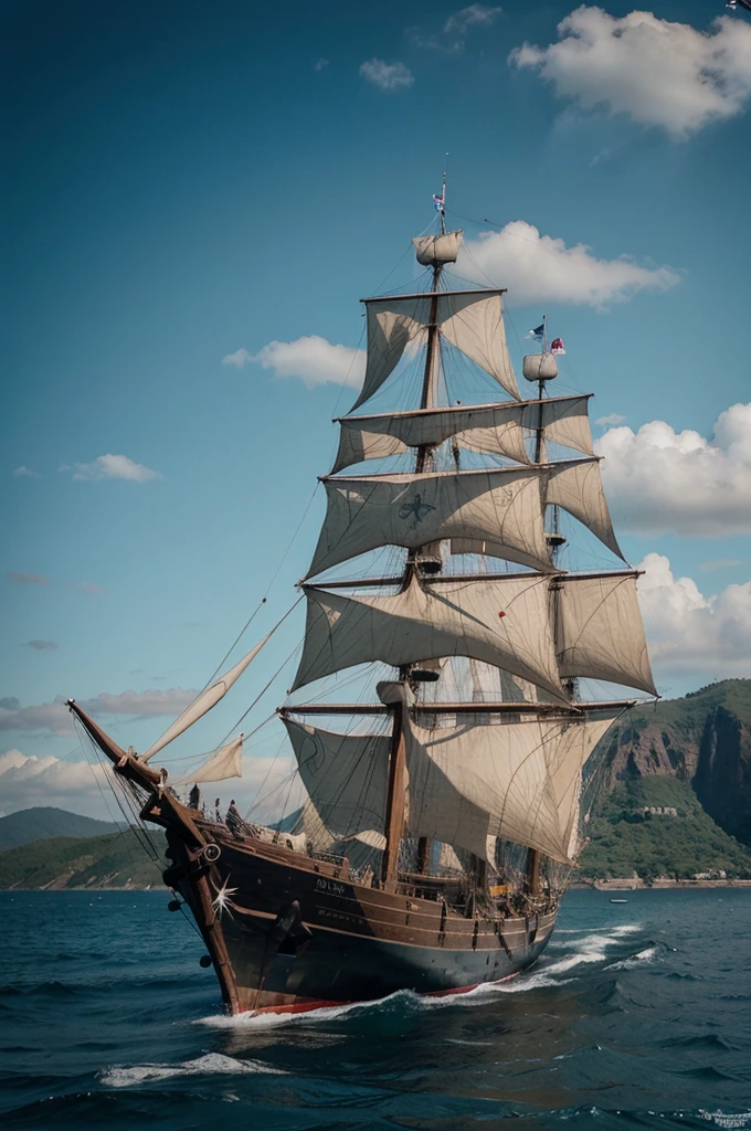 a drawing of a ship, that sails in the ocean, with a flag on top, Sailing ship, old Pirate Ship, gothic ship on the ocean, on a Pirate Ship background, Ships with sails, Highly detailed ink illustration, Ship at sea, Sailboat on the background, Pirate Ship, Galleon, Tattoo sketch of a sea, very detailed illustration, HD image, old wooden ship