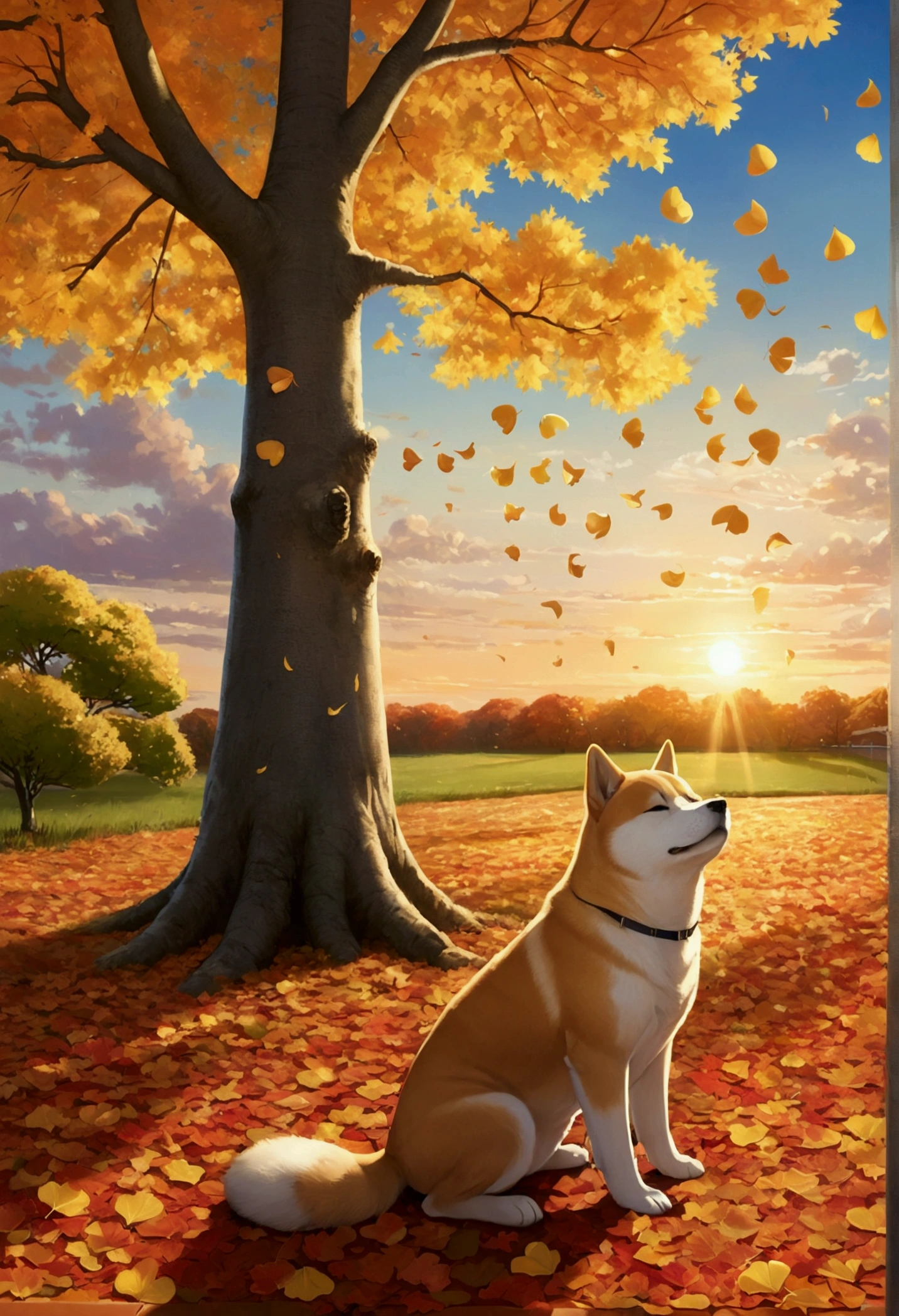 Makoto Shinkai Taste, Beautiful sunset sky, Shiba Inu puppy,Ginkgo tree in full bloom,Autumn leaves tree in full bloom,Scattered ginkgo leaves, Falling autumn leaves,Healing scenes, Wide angle、
