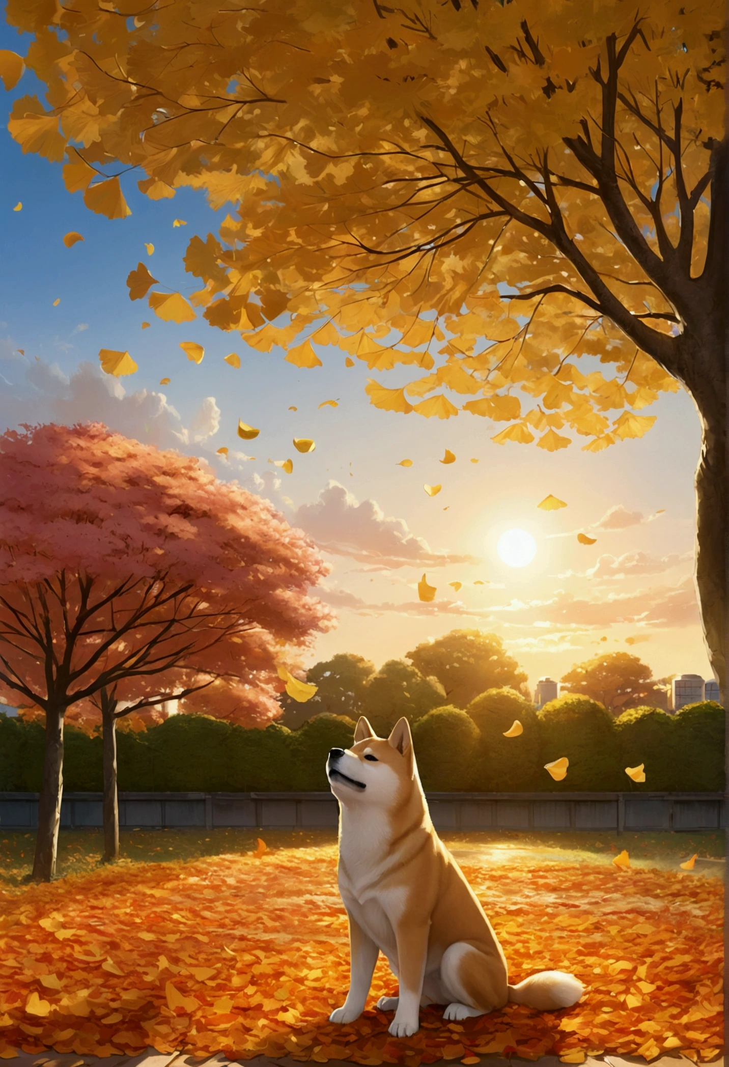 Makoto Shinkai Taste, Beautiful sunset sky, Shiba Inu puppy,Ginkgo tree in full bloom,Autumn leaves tree in full bloom,Scattered ginkgo leaves, Falling autumn leaves,Healing scenes, Wide angle、
