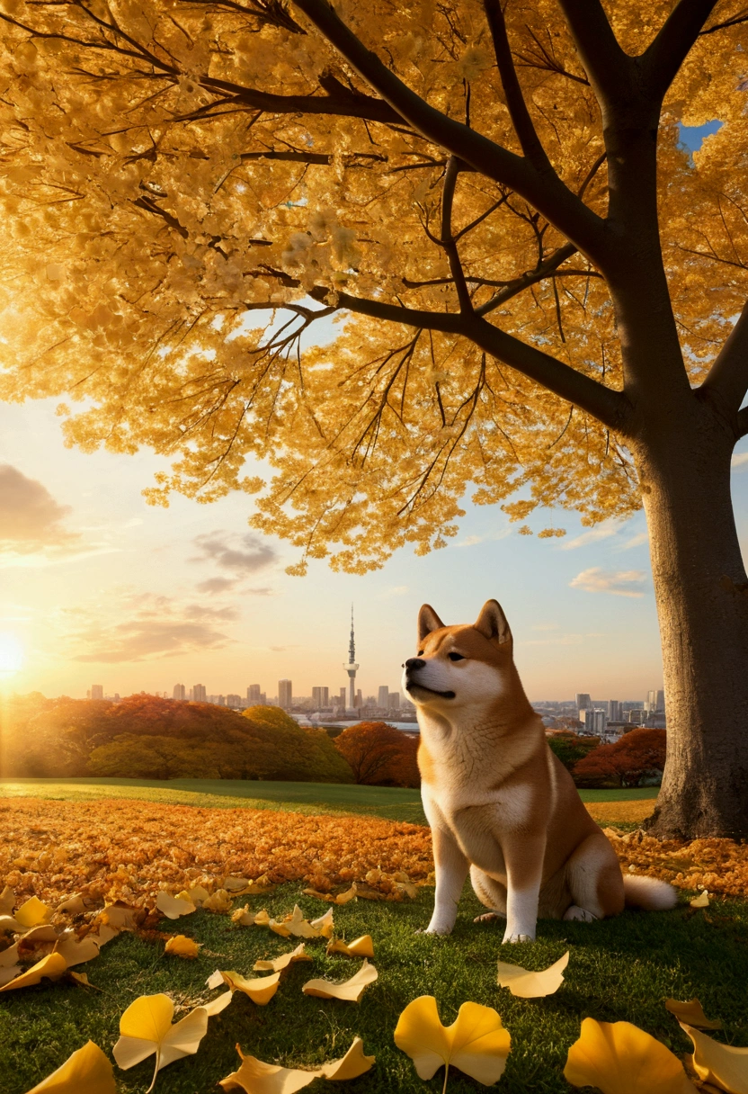 Makoto Shinkai Taste, Beautiful sunset sky, Shiba Inu puppy,Ginkgo tree in full bloom,Autumn leaves tree in full bloom,Scattered ginkgo leaves, Falling autumn leaves,Healing scenes, Wide angle、