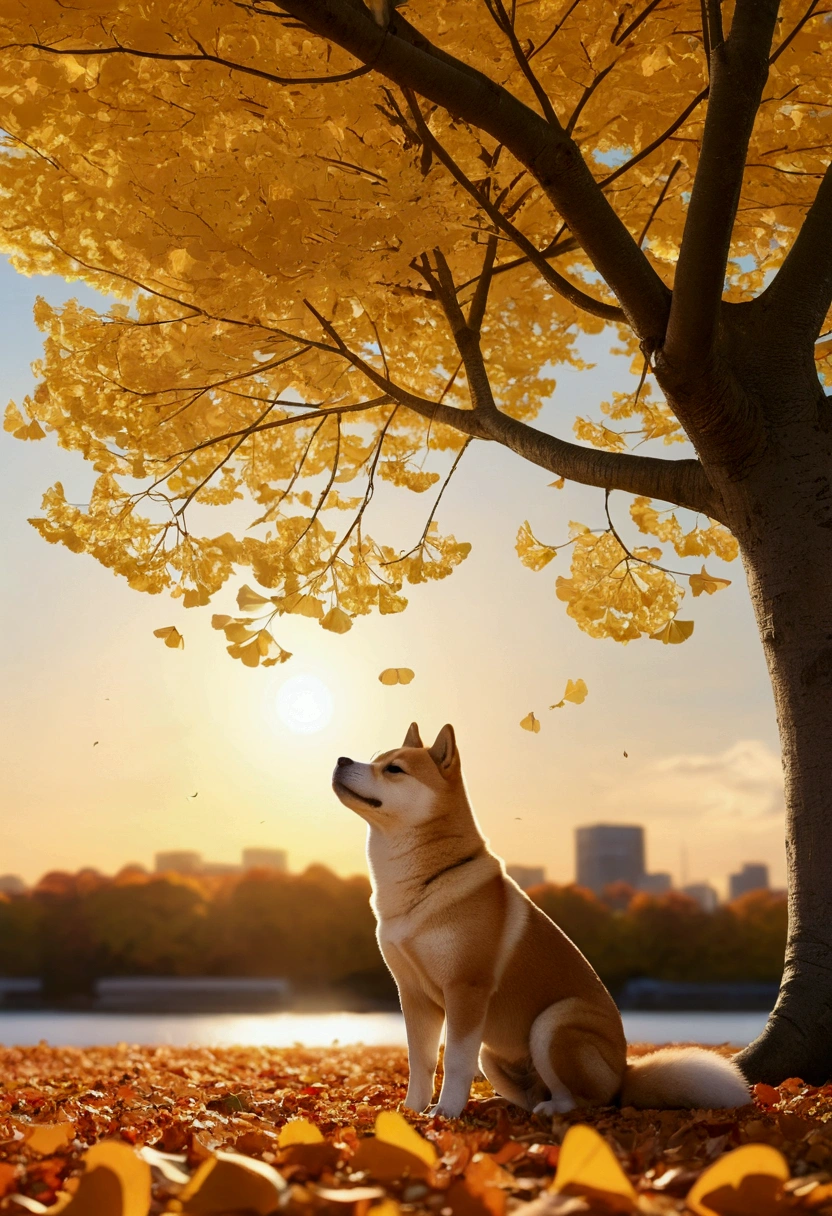 Makoto Shinkai Taste, Beautiful sunset sky, Shiba Inu puppy,Ginkgo tree in full bloom,Autumn leaves tree in full bloom,tered ginkgo leaves, Falling autumn leaves,Healing scenes, Wide angle、