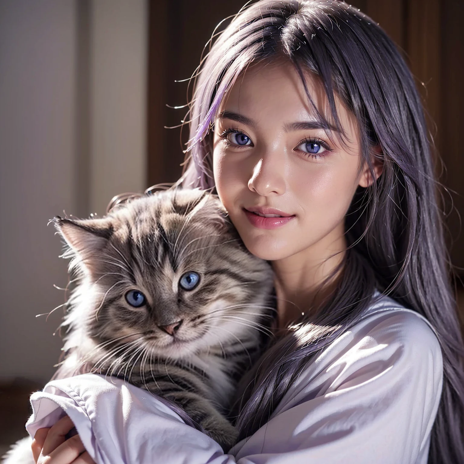 Here is an example of an AI image prompt:.。。：

「Beautiful woman like a realistic photo、It has double mottled purple eyes.、Smile gracefully with long silver hair、Create an image depicting a scene cuddling an adorable kitten。The woman&#39;s eyes shine dark purple、Long silver hair flutters gracefully in the wind.。kitten with fluffy fur、It&#39;s full of cuteness。The background is a bright space with natural light, creating a warm atmosphere..。」