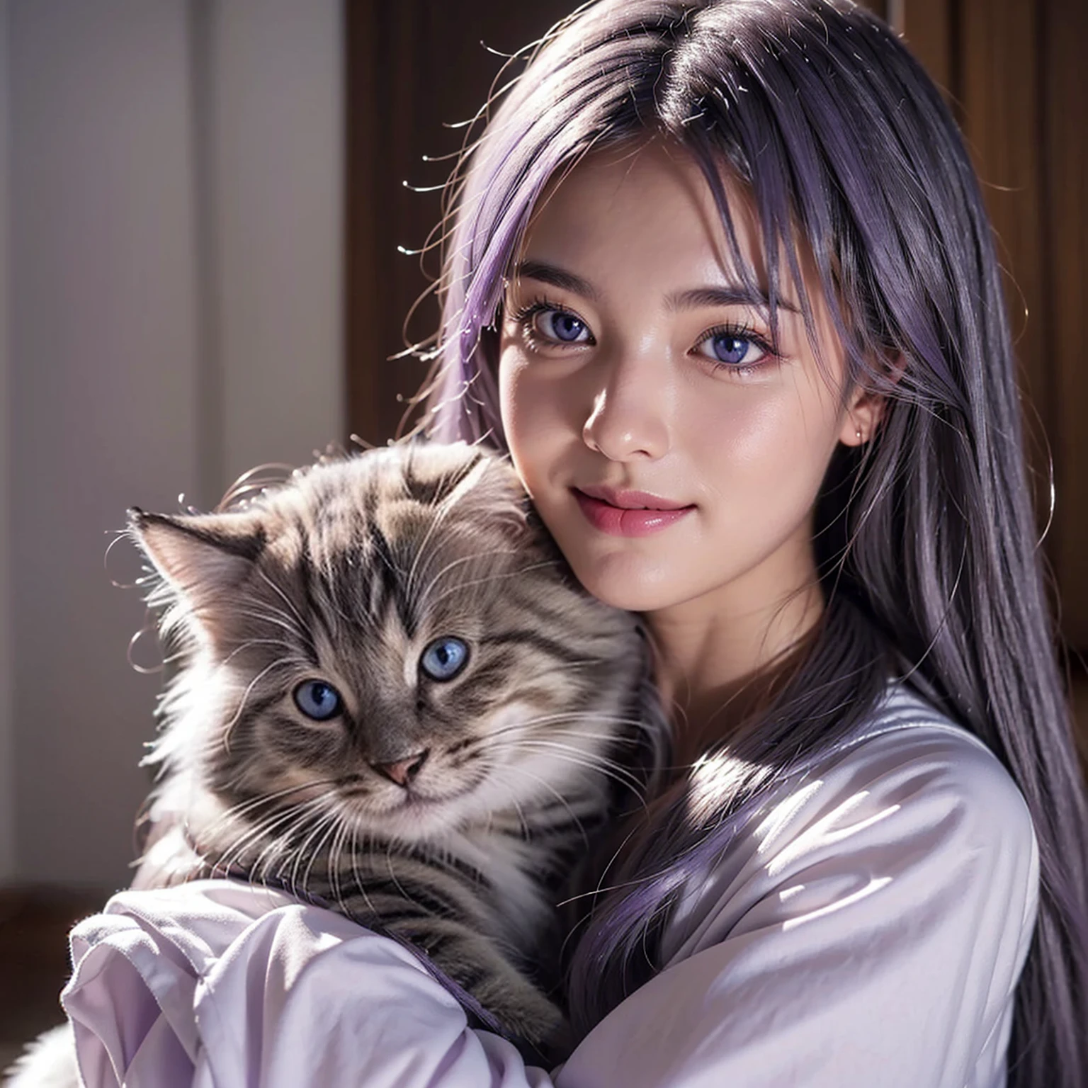 Here is an example of an AI image prompt:.。。：

「Beautiful woman like a realistic photo、It has double mottled purple eyes.、Smile gracefully with long silver hair、Create an image depicting a scene cuddling an adorable kitten。The woman&#39;s eyes shine dark purple、Long silver hair flutters gracefully in the wind.。kitten with fluffy fur、It&#39;s full of cuteness。The background is a bright space with natural light, creating a warm atmosphere..。」