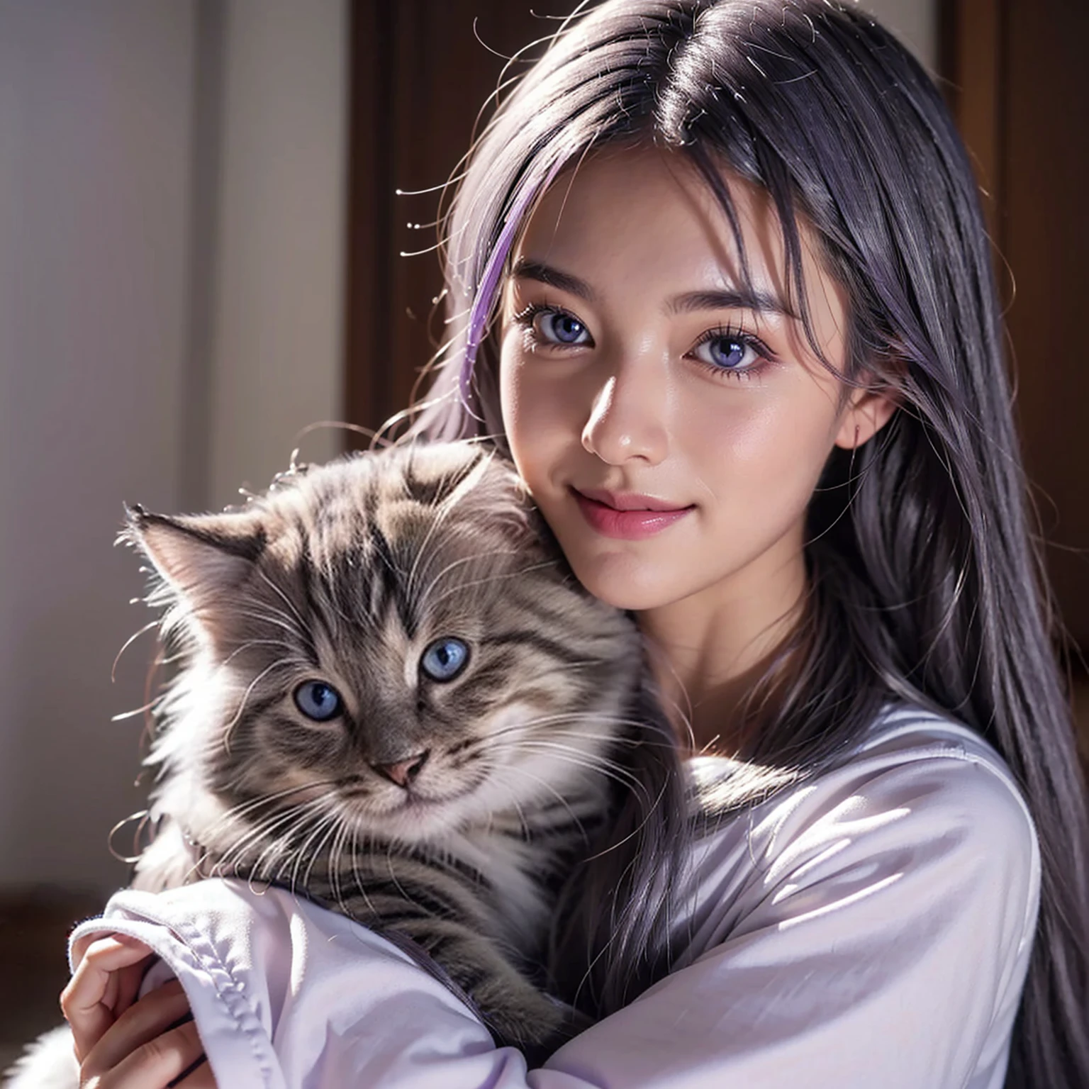 Here is an example of an AI image prompt:.。。：

「Beautiful woman like a realistic photo、It has double mottled purple eyes.、Smile gracefully with long silver hair、Create an image depicting a scene cuddling an adorable kitten。The woman&#39;s eyes shine dark purple、Long silver hair flutters gracefully in the wind.。kitten with fluffy fur、It&#39;s full of cuteness。The background is a bright space with natural light, creating a warm atmosphere..。」
