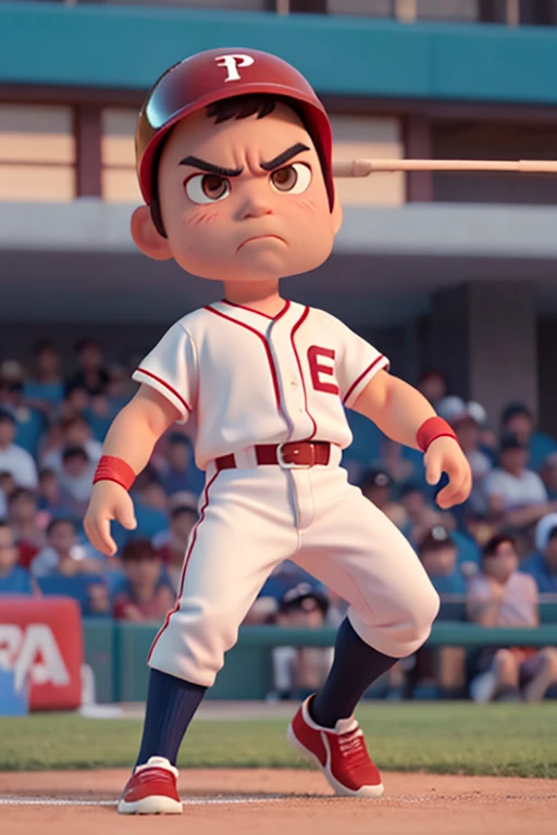 １male, alone, Ultra-high resolution,chibi, Frowning, Narrow eyes, Brown Hair, Brow wrinkles, muscle, Dynamic, baseball player, (野court), uniform, bat, Gloves, Helmet, baseball belt, During the game, Batter Box, Stance, court, audience, illumination, Tension, A look of determination, Powerful