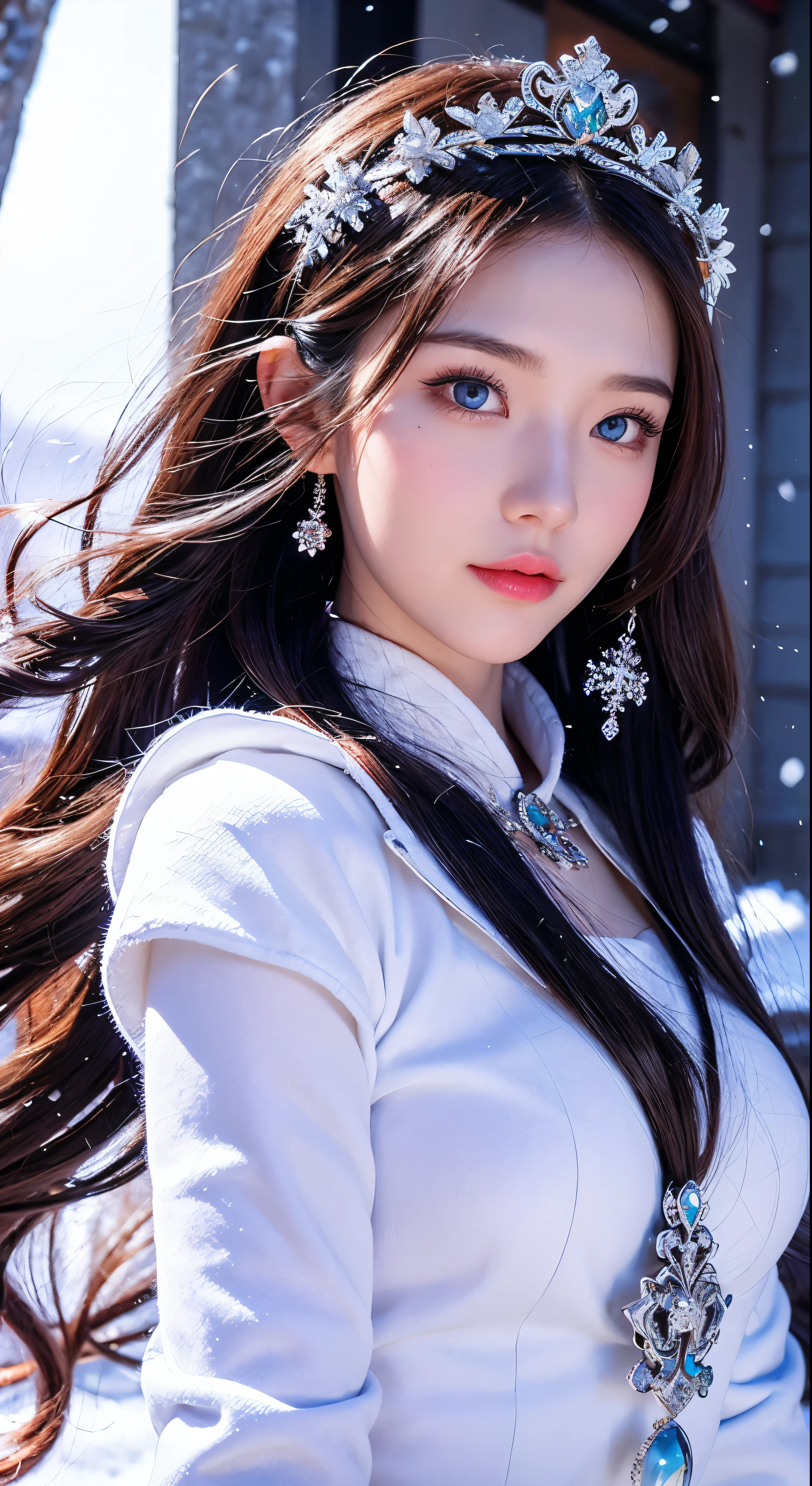 Best texture, high quality, ultra HD, 8K, full body photo, panoramic picture, snow, flying snowflakes, dancing in the snow, girl, full of Miao silver jewelry, Miao clothing, silver phoenix crown, melon seed face, ultra-detailed face, blue eyes, long eyebrows, fair skin, silver long hair, flowing long hair, rising with the wind, snowflake colorful gifts, realistic, very detailed, high detail, ultra-clear,