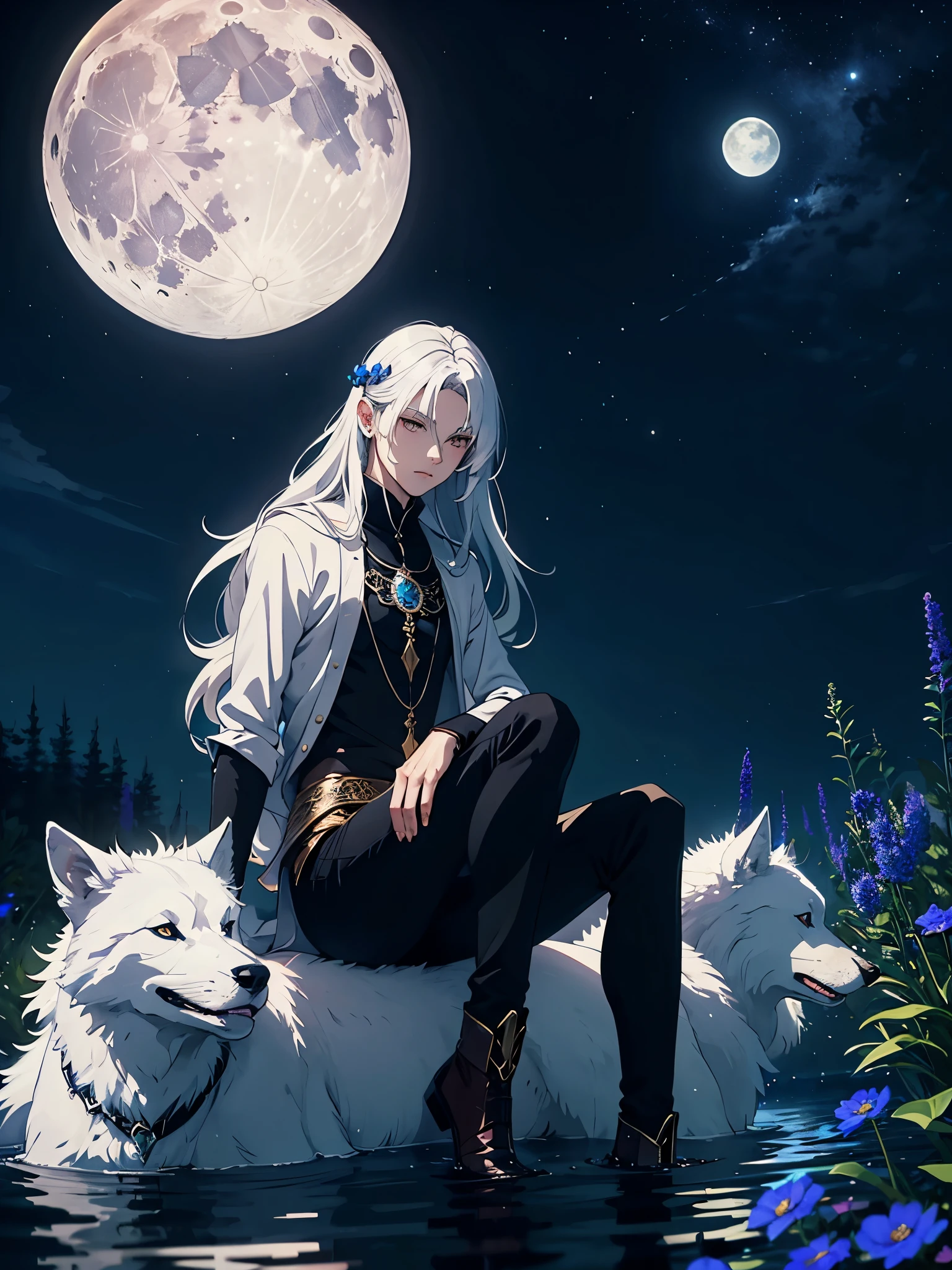 Moon. Sitting on a big white wolf. Lightening flowers. More anime. male. Blue flowers. Long hair. long white hair. aquatic, boy, God of the Moon, silver hair accessories, White hair.