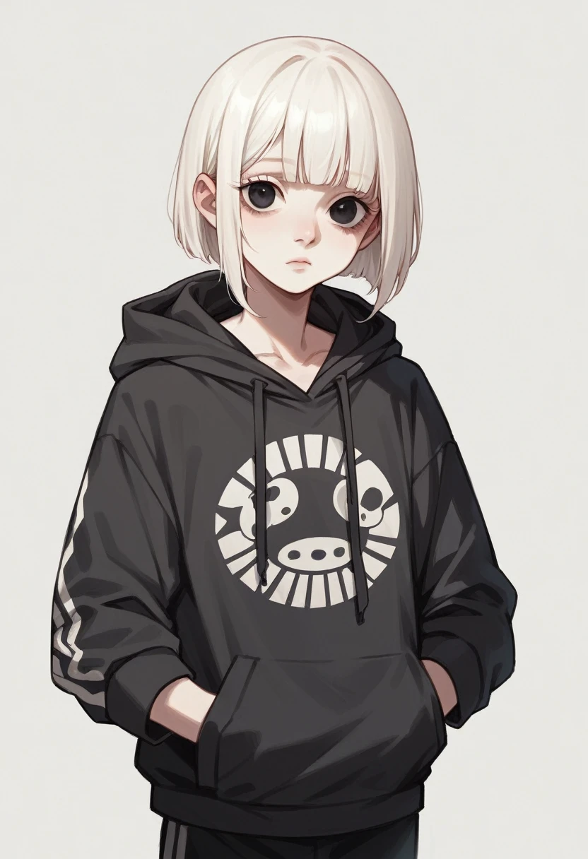 albino with completely black eyes , with black kitten hooded sweatshirt , perfectly beautiful