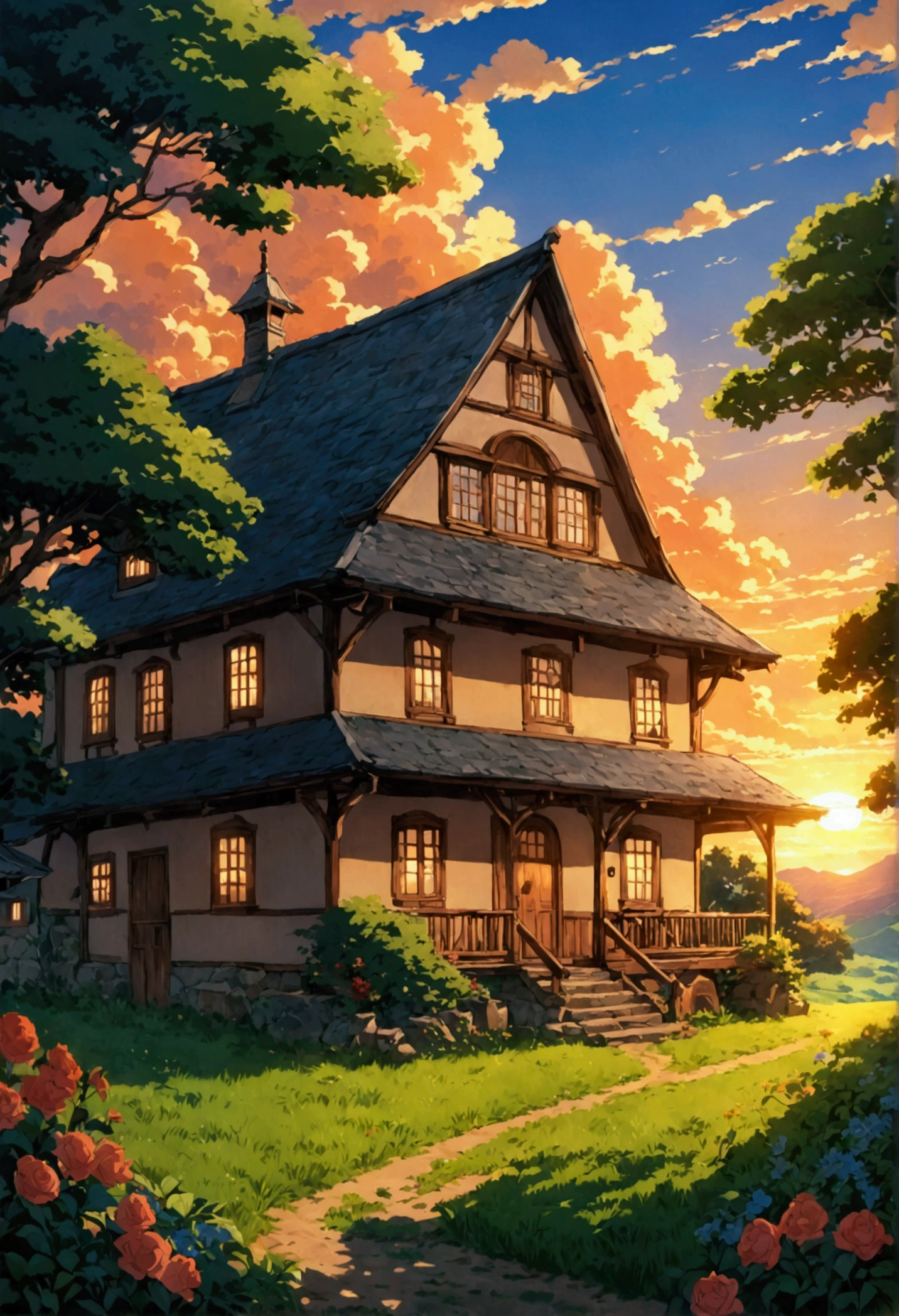 Summer evening、Beautiful sunset、Rural Scenery、Old House、Rich in nature、((Ghibli anime)), Fantasy, wonderful,