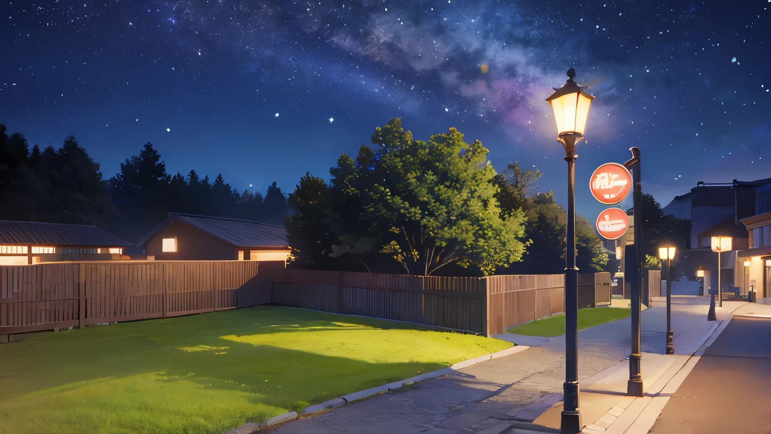Night Sky、wood、bench、Asphalt road、grass、Street lamp、Buildings in the back