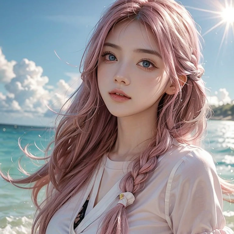 Light pink hair, Pink Eyes, blue sky, Vibrant colors, White shirt、splash, Light Racing, Wavy long hair、splash、Light of the sun、Braiding、One Woman
