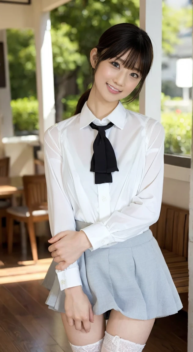 Best image quality、8K、Cafe店員、She lifts her skirt to show her panties、(Sheer lace white panties)((Collared shirt、Skirt))、Black Stockings、Beautiful feet、Slender、Japanese women、Provocative smile、high resolution、Cafe、short hair、23 years old、Big eyes、Kamimei、Cafe店員、((Slender***))(Slender and beautiful legs)(Highly detailed face)(Wearing an apron)(Black Pantyhose)(Bent knees)