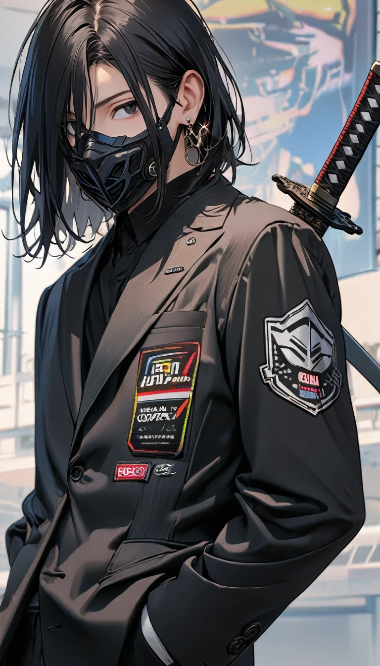 1boy, he is wearing a highly detailed black high tech mask,long cross earrings,black hair covering both his eyes,black eyes,open white school blazer with logo ,,standing,hands in pocket, calm,closeup,side profile ,bright school background,carrying a katana,8k,highly detailed,