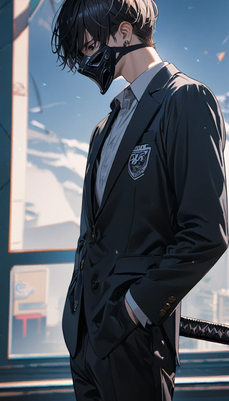 1boy, he is wearing a highly detailed black high tech mask,long cross earrings,black hair covering both his eyes,black eyes,open white school blazer with logo ,,standing,hands in pocket, calm,closeup,side profile ,bright school background,carrying a katana,8k,highly detailed,