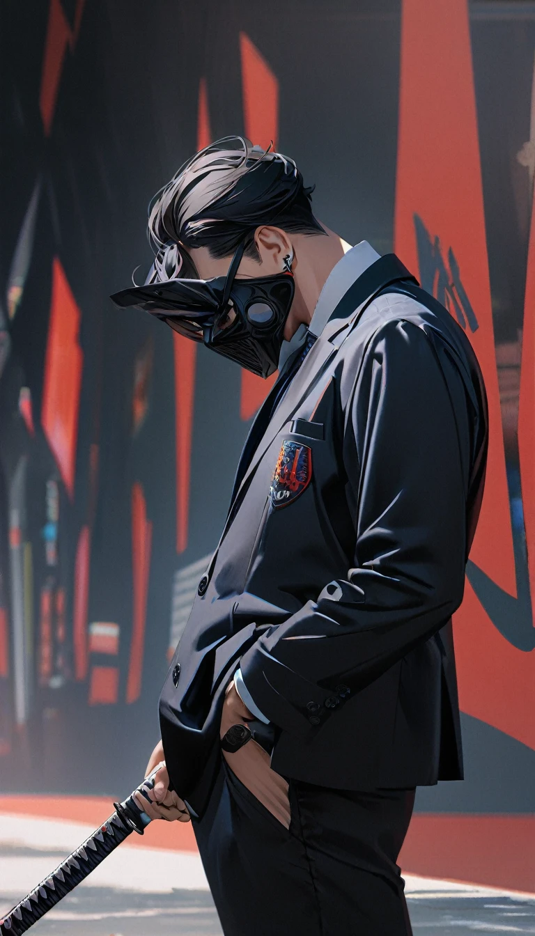 1boy, he is wearing a highly detailed black high tech mask,long cross earrings,black hair covering both his eyes,black eyes,open white school blazer with logo ,,standing,hands in pocket, calm,closeup,side profile ,bright school background,carrying a katana,8k,highly detailed,