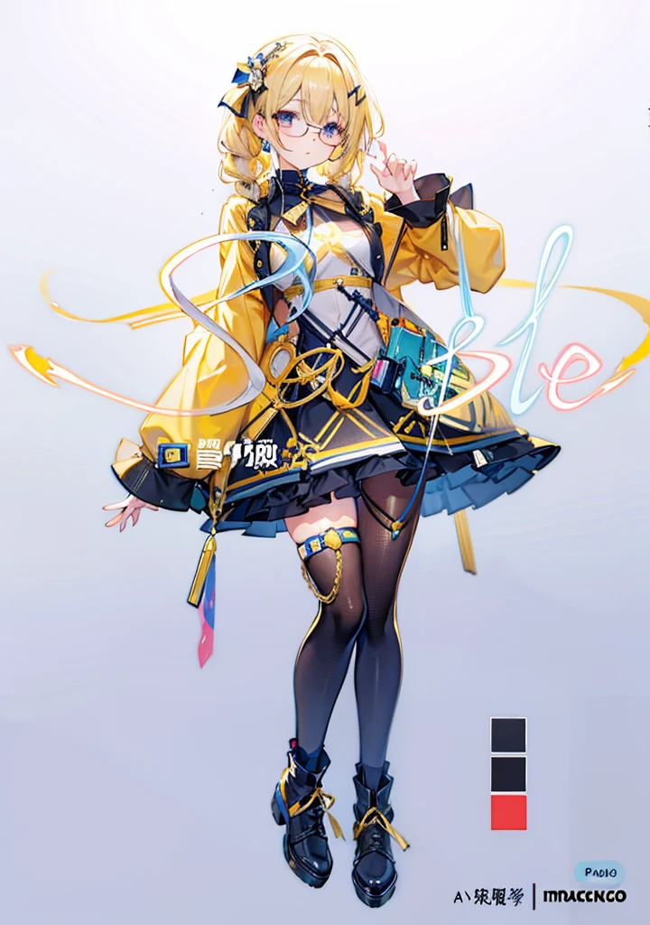 (blonde),Golden pupil,Double braids,Aho,Round glasses,Girl,Wear a white sweatshirt,Black shorts,Standing,Standing picture,whole body,游戏Standing picture,8K,Correct human body,Detailed eye painting,illustration,Highest quality,Exquisite,Detailed face,Masterpiece,flat chest,Slim,young,16 years old,High-end,Hand Painted,Official Fanart, Visual novel, Anime style,Girl浪漫, Produced by Anime Painter Studio,masterpiece, best quality, Sharp focus, Intricate details, Perfect, Golden Ratio Composition, 8K resolution, High resolution, fair, fair sky, Vibrant pastel colors