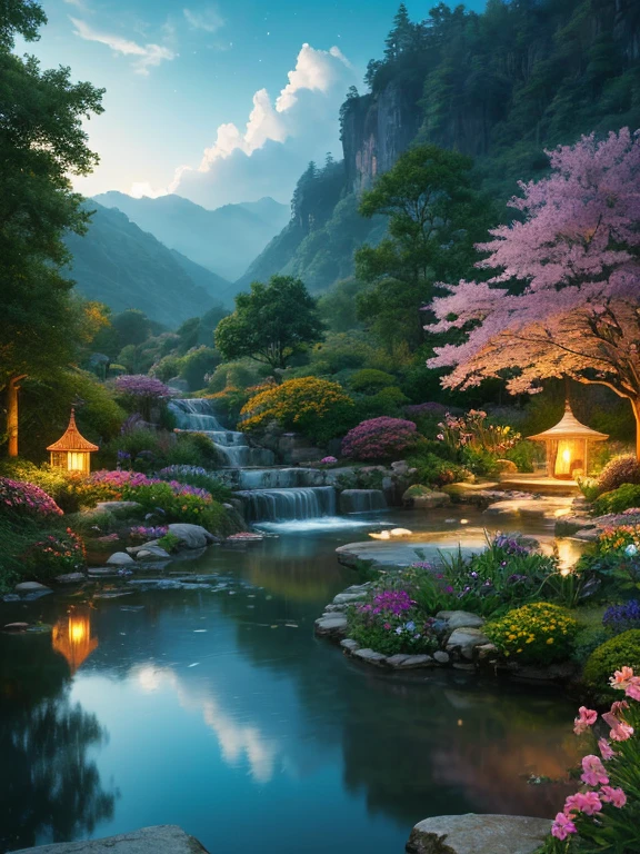 Lacquer painting, Makie, flower園,flower畑,Money, Surreal illustration , Otherworldly, ,Highly detailed and magical lighting, Intricate forest details, Surrounding vegetation and river, Solarpunk ,landscape, , Beautiful foliage with beautiful lighting and realistic proportions, Like a movie background, 8K, Highest quality, masterpiece, 空のcloudと星.baptism,Baptism,Garden of Eden,Colorful,夢のようなlandscape, cloud, light piercing through the cloud, Reflection on the surface of the water, Gentle waterfall,flower々, flower ,Quiet atmosphere, Richness in details, Surreal beauty, Magical Aura, ファンタジーlandscape, High quality digital art, Vibrant colors, Fantastic lighting, Enchanting atmosphere, Artistic Expression, Otherworldly feeling, Beautiful brushwork, Magnificent View, Peaceful tranquility, Immersive Experience, Breathtaking views, Picturesque views, Mysterious charm, Mysterious atmosphere, Nuances, A magical dream. There are no people, Nobody is here