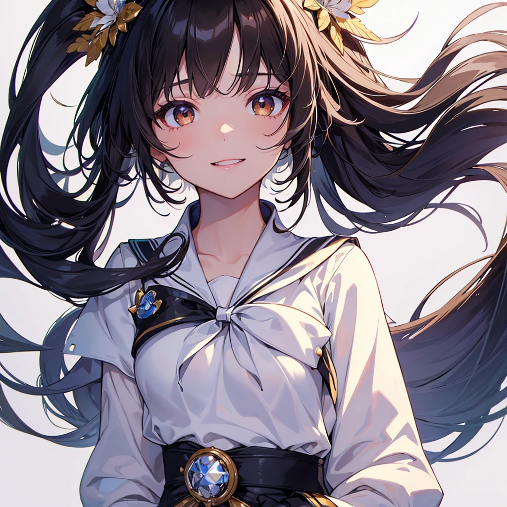 finely detailed beautiful girl, detailed 16k best quality, shiny hair, ultra-detailed beautiful shiny highlight clear eyes focus, simple white background, Long Black Hair、Sailor suit、laughing、Brown eyes、