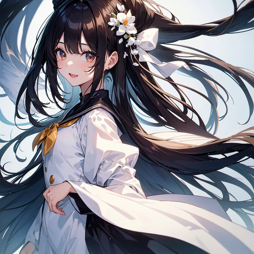 finely detailed beautiful girl, detailed 16k best quality, shiny hair, ultra-detailed beautiful shiny highlight clear eyes focus, simple white background, Long Black Hair、Sailor suit、laughing、Brown eyes、
