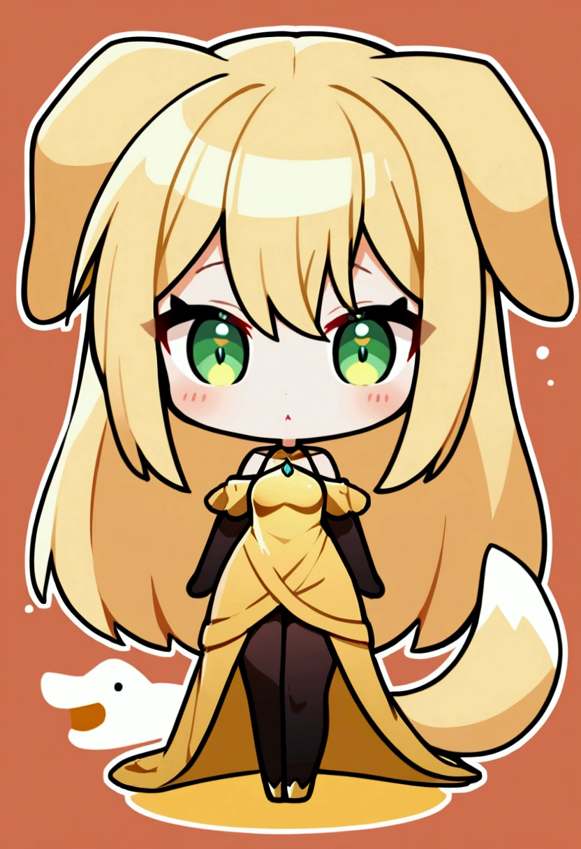 1girl with long blonde hair, green eyes, floppy dog ears, dog tail, golden dress with open shoulders, black stockings, chibi style, slender body