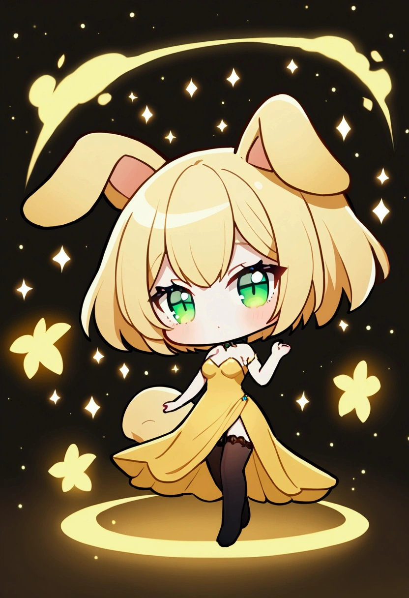 1girl with long blonde hair, green eyes, floppy dog ears, dog tail, golden dress with open shoulders, black stockings, chibi style, slender body