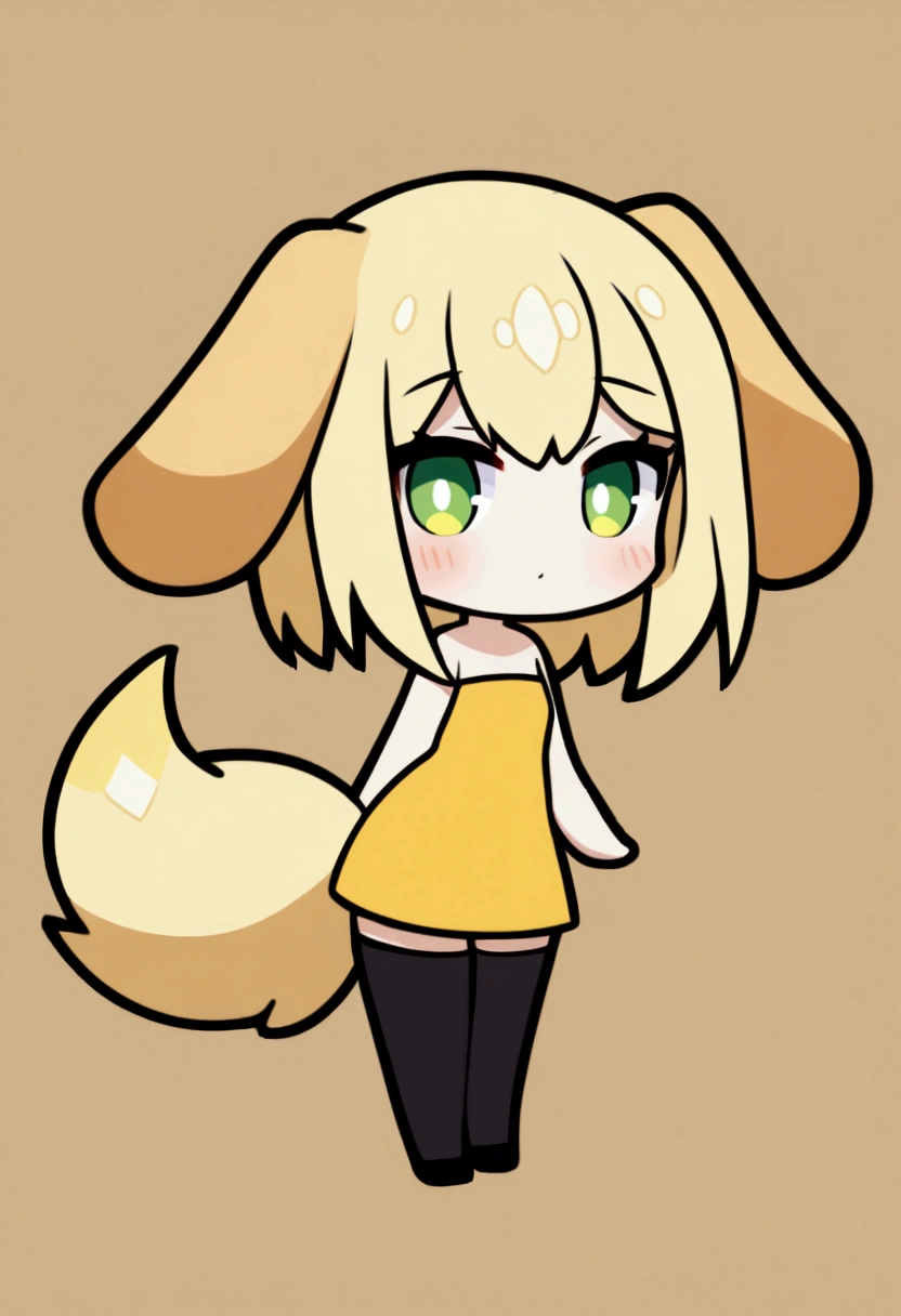 1girl with long blonde hair, green eyes, floppy dog ears, dog tail, golden dress with open shoulders, black stockings, chibi style, slender body