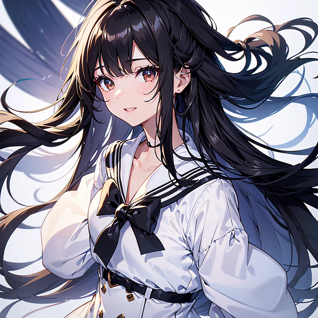 finely detailed beautiful girl, detailed 16k best quality, shiny hair, ultra-detailed beautiful shiny highlight clear eyes focus, simple white background, Long Black Hair、Sailor suit、laughing、Brown eyes、