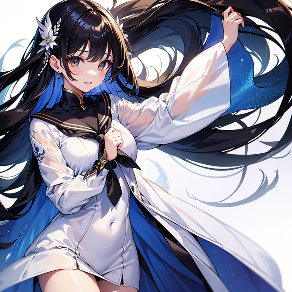 finely detailed beautiful girl, detailed 16k best quality, shiny hair, ultra-detailed beautiful shiny highlight clear eyes focus, simple white background, Long Black Hair、Sailor suit、laughing、Brown eyes、